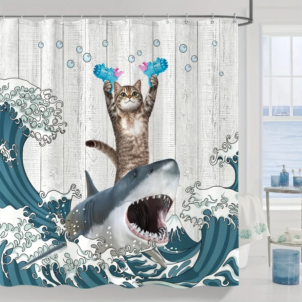 

Fun marine cats, sharks Washable Dirt-Resistant Shower Curtain Shower Head waterproof Polyester Bath Curtain For Home Decor