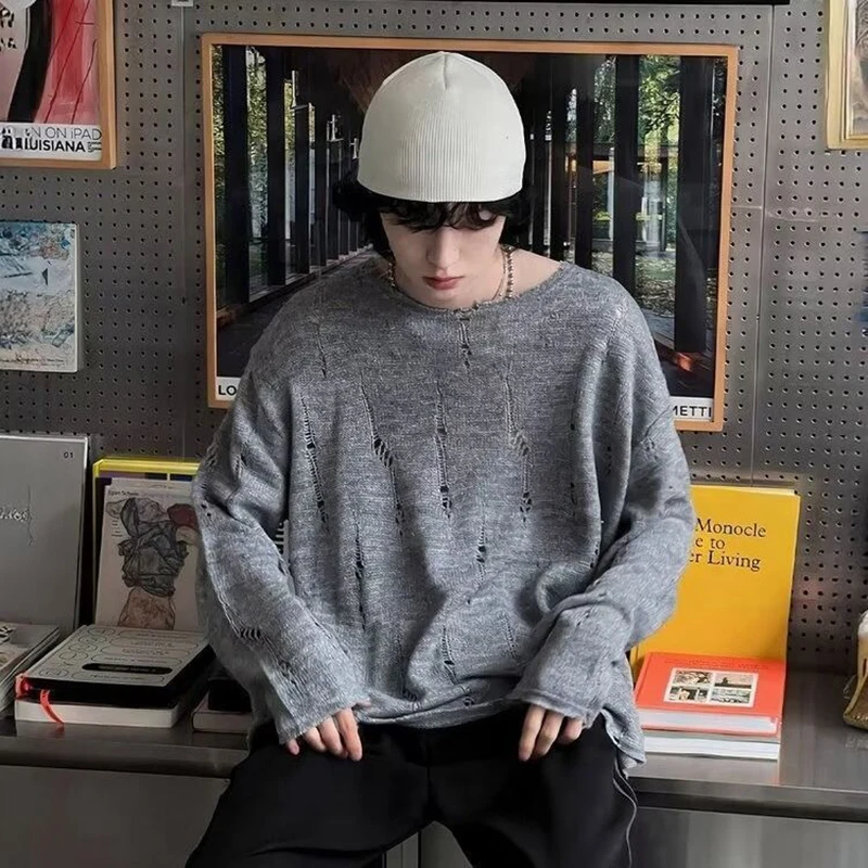 Men Hollow Distressed Knit Long Sleeve Top Loose Thin Breathable Sun Protection Pullover Summer Casual Unique See Through Cover