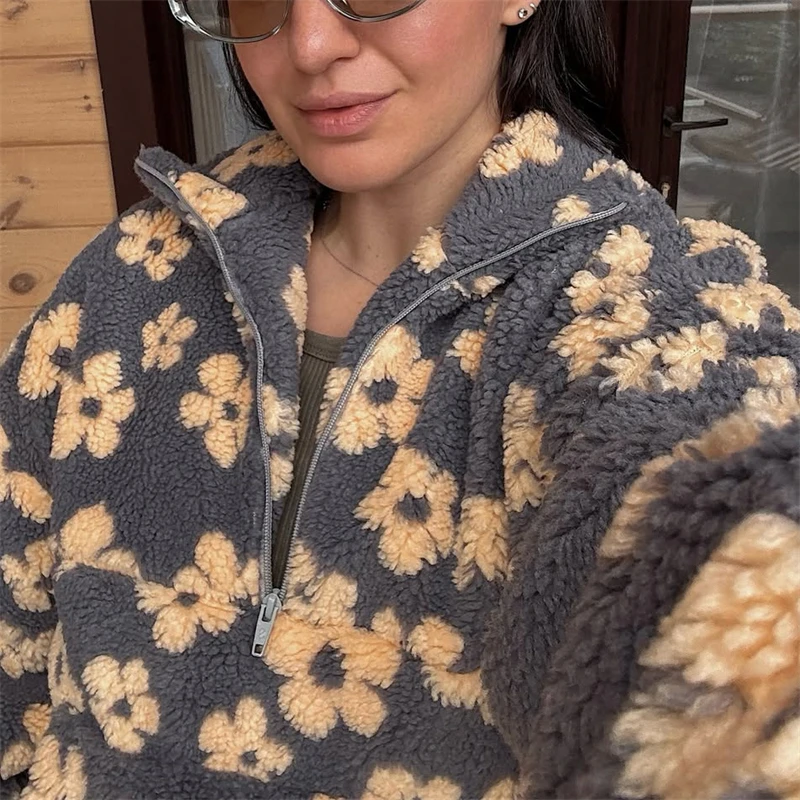 Ticketsx Floral Print Imitation Lamb Wool Hoodie Women's Full Sleeve Zip Pocket Loose Top Lady Autumn Chic Casual Holiday Coat