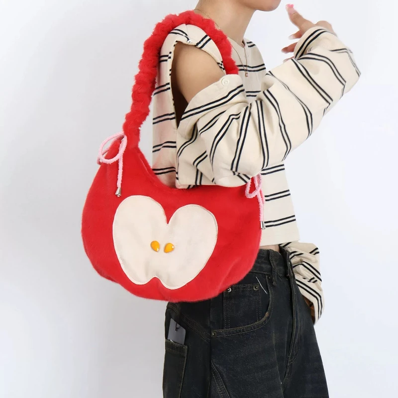 2026 New Sweet and Cute Plush Apple Lolita Underarm Bag Autumn and Winter Niche Girl Heart Shoulder Crossbody Bags for Women