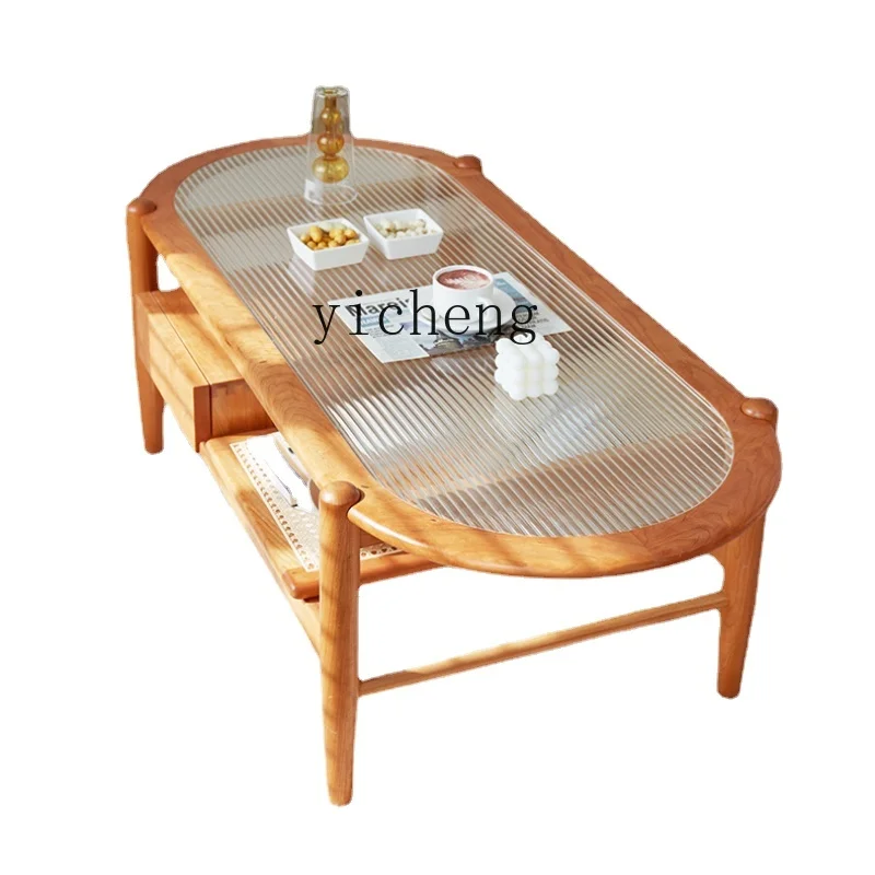 Tqh Solid Wood Sansen Glass Tea Table Living Room Simple Modern Practical Small Apartment Rattan Table