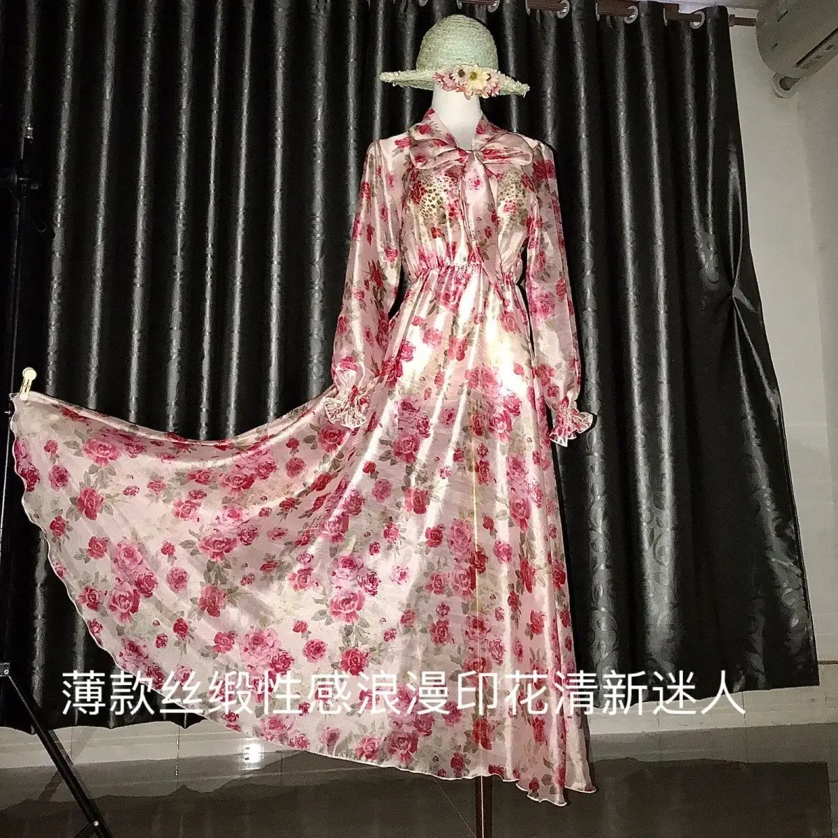 Glossy Floral Print Women Satin Long Dress Loose Maxi Dress Pullover Elegant Dresses Sleeping Wear