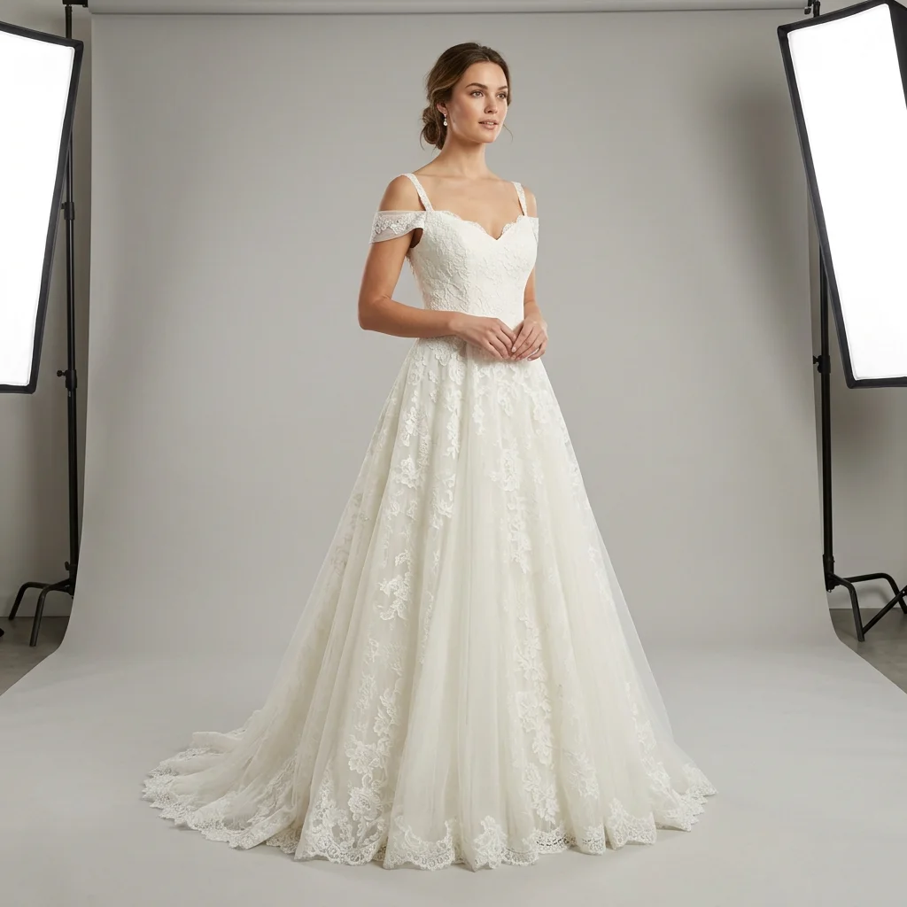 Off Shoulder Sweetheart Lace A Line Wedding Dress Scalloped Lace Hem Chapel Train Bridal Gown