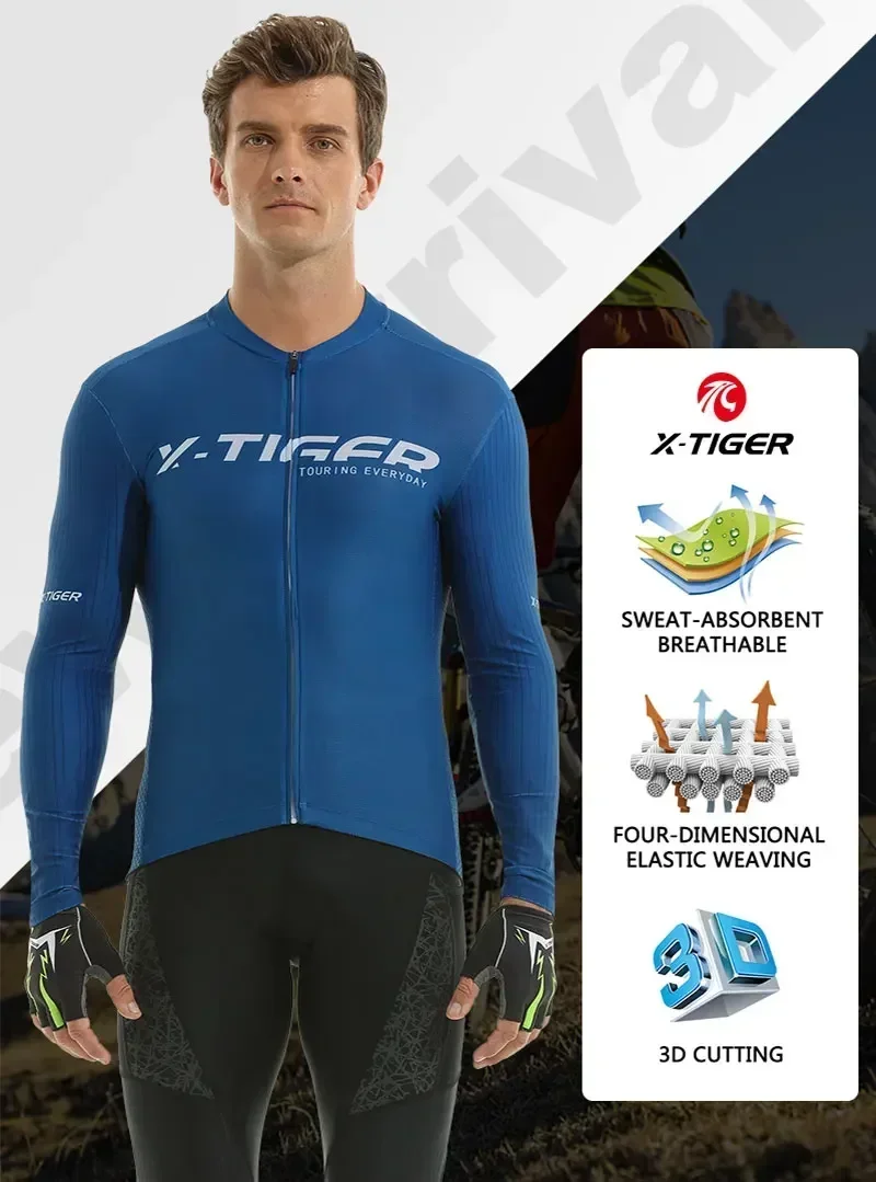 X-TIGER Herren-Radtrikot, langärmelig, durchgehender Reißverschluss, atmungsaktiv, schnelltrocknend, MTB-Rennrad-Oberteil mit Taschen, weich, leicht, elastisch – Detail 6