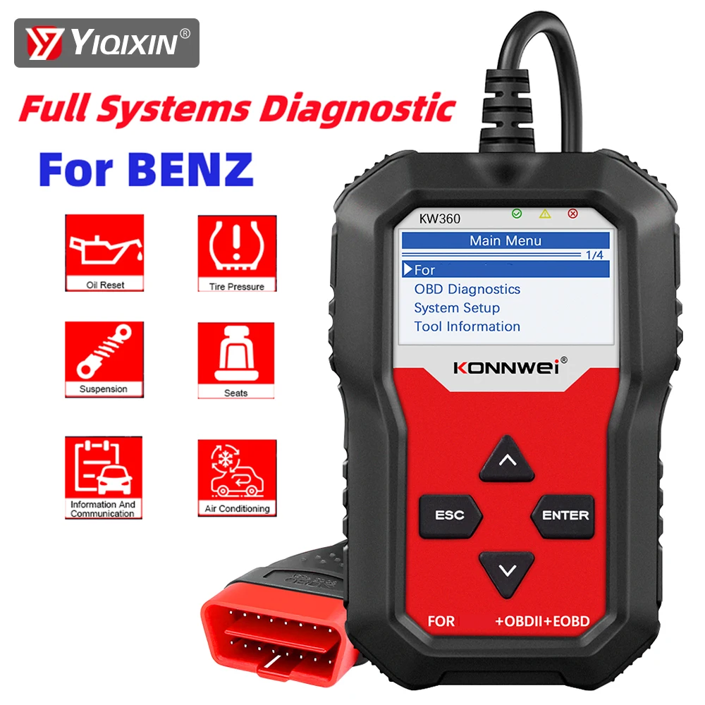 

KONNWEI KW360 полный системный сканер OBD2 для Mercedes-Benz C300 W205 W211 считыватель кодов ABS подушка безопасности сброс масла автомобильный диагностический инструмент