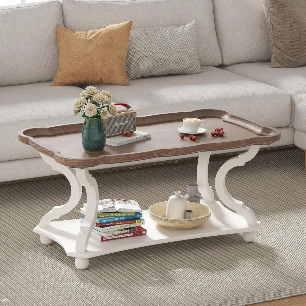 Farmhouse Coffee Table, Rustic White Cocktail Table with Storage Shelf, Sofa Table with Natural Tray Top and Carved Legs for Li
