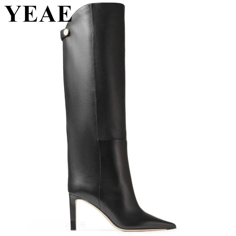 Fashion Pointed Toe High Heel Knee High Boots Women Back Belt Buckle Long Boots Winter Autumn Slip On Women Boots Designer Shoes