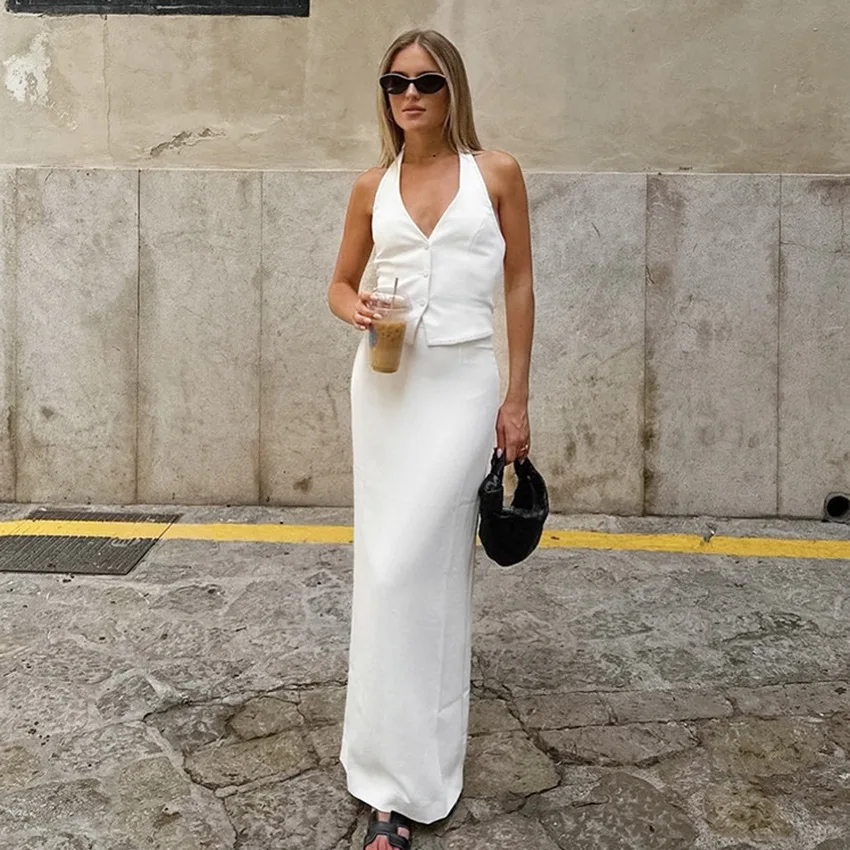Shpmishal 2026 Euro American Cotton Linen Vest Set Women Halter Neck Top & Long Skirt Office Lady Outfit
