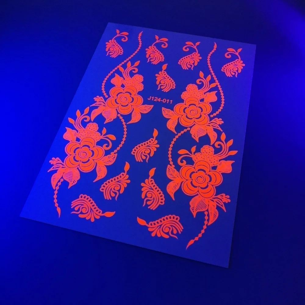 Water Transfer Decals Fluorescence Henna Tattoo Stickers India Mehndi Flower Fake Henna Temporary Tattoo Waterproof Instant