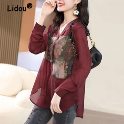 Women's Vintage Print Patchwork Chic Oversized Blouse Spring Summer Trendy V Neck Long Sleeve Shirt Irregular Tunic Tops Blusas