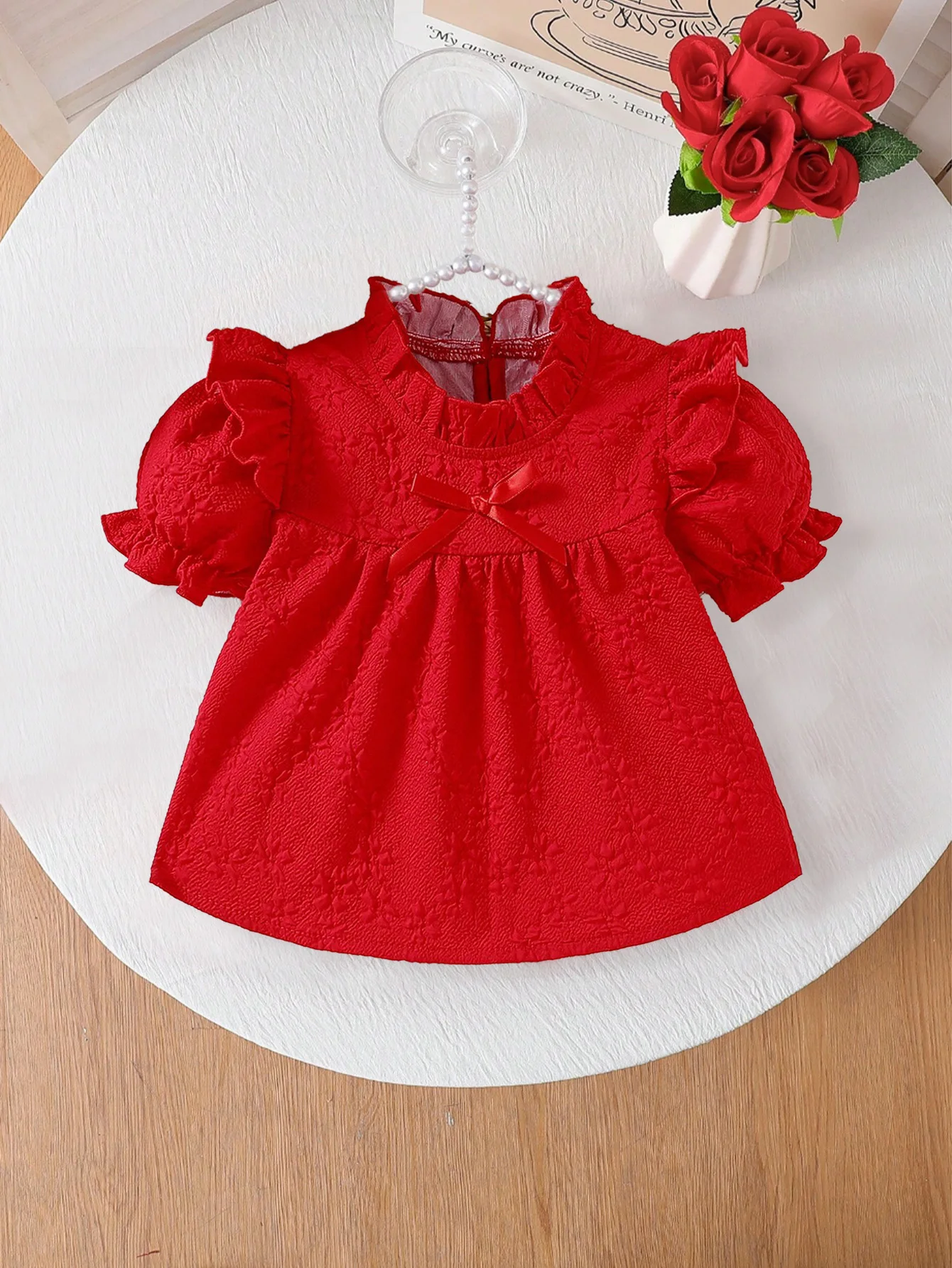 

Baby Girl Summer Top Ruffled Collar Puff Sleeves Bow Accent Solid Color - Valentine & Birthday Gift for Baby Girls Daily Outings