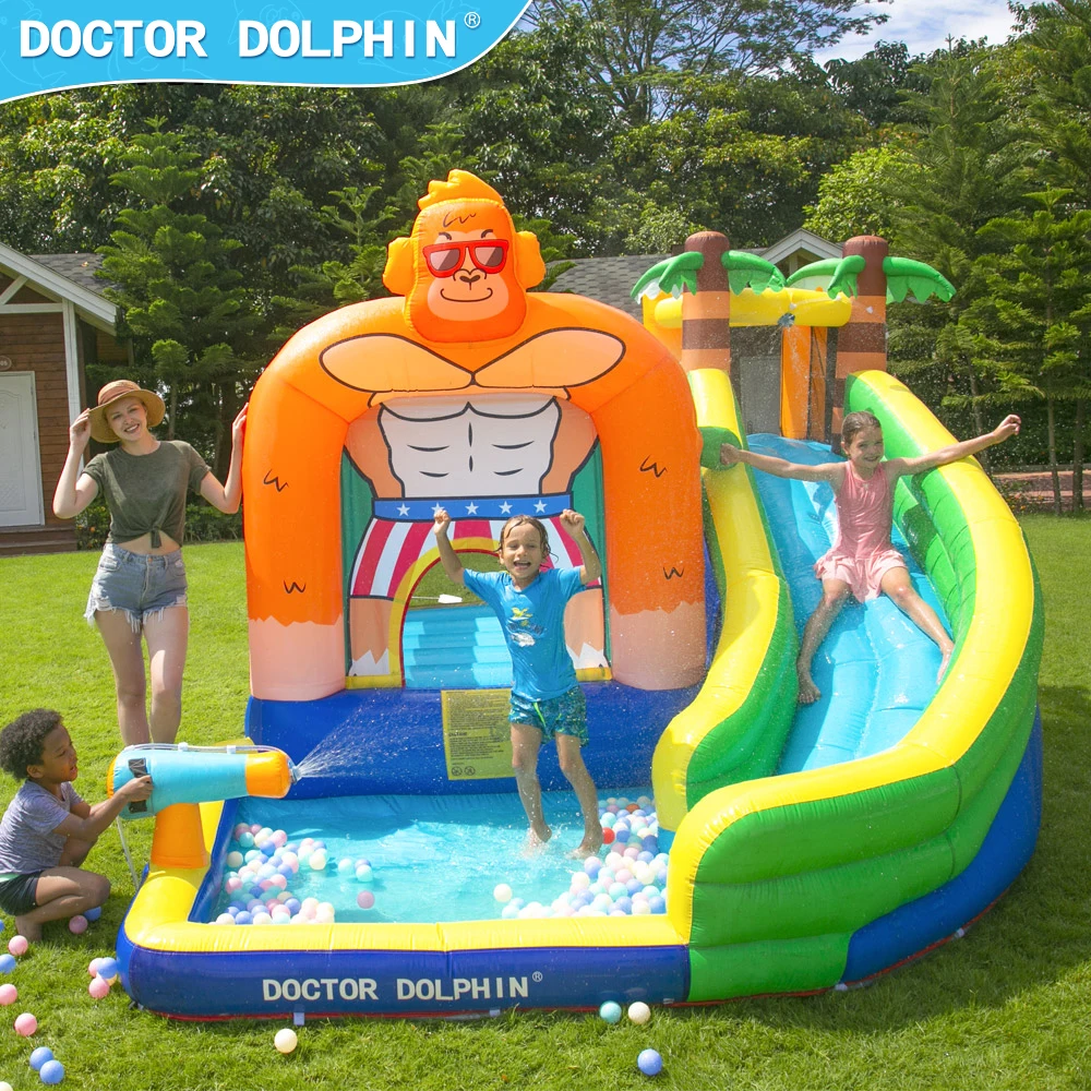 Doctor Dolphin Kids Inflatable Water Bounce House with Slide King Kong Theme Summer Carnival