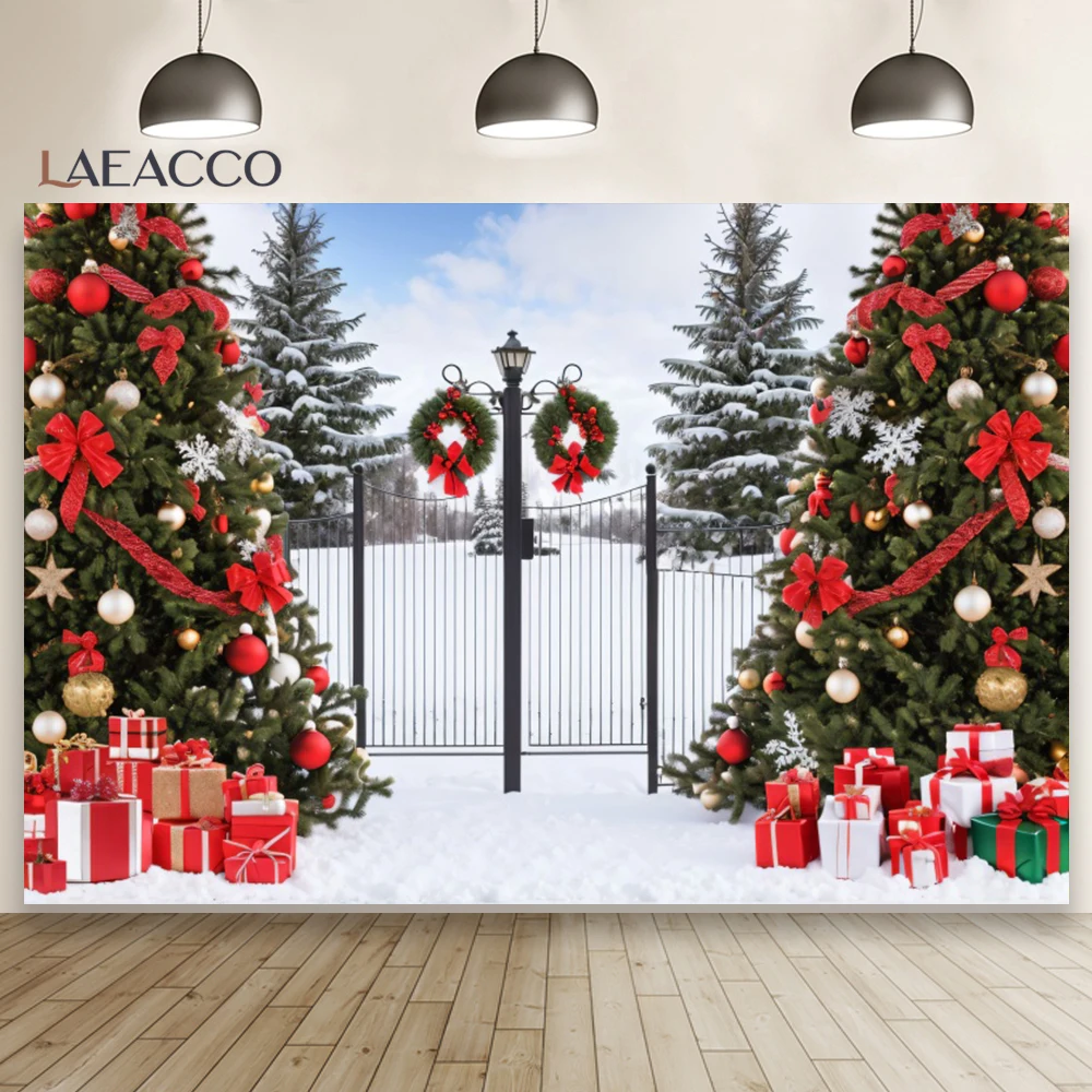 Merry Christmas Xmas Tree Photography Background Winter Falling Snow Wooden Door Decor Kids Portrait Indoor Photocall Backdrop