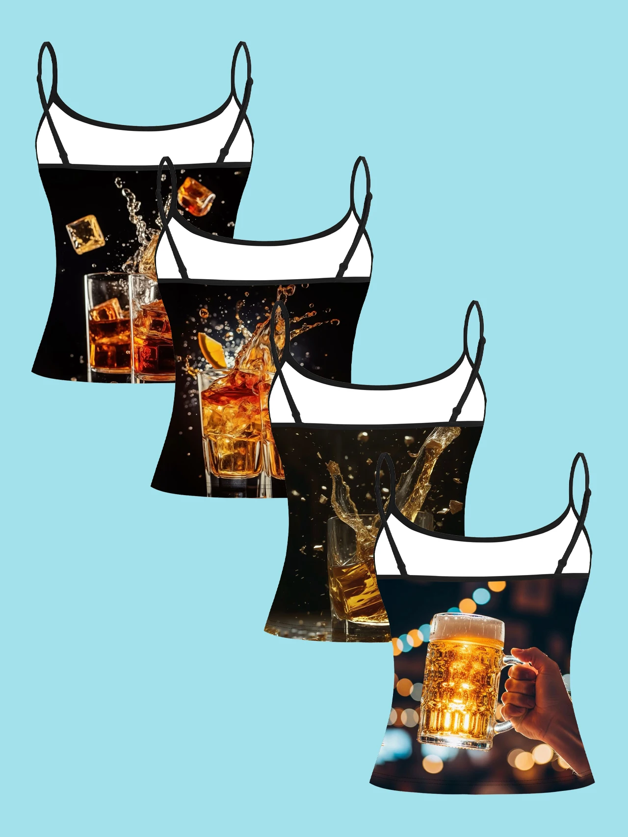 4-Piece Set of Realistic Wine Splash Women's Camisoles, Whiskey Ice Cubes, Beer Night Scene Photography Print, Slim-Fit Spaghetti Strap Short Camisole Tops