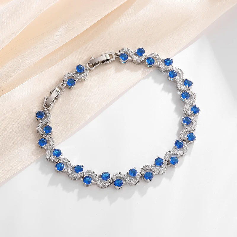 Luxurious Wave Blue Crystal Zircon Tennis Bracelet Holiday Gift for Your Partner and Loved Ones