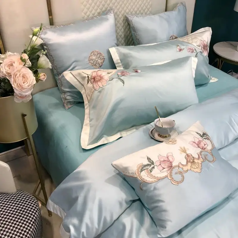 Flowers Embroidery Bedding Set Luxury Satin Cotton Duvet Cover Flat/Fitted Bed Sheet Pillowcases Home Textile