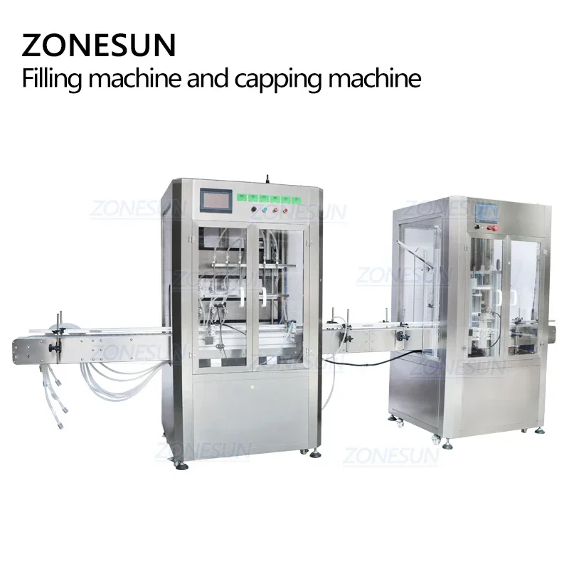 ZONESUN Macchina completamente automatica per il riempimento di liquidi e pressatura del tappo dell'olio essenziale a 6 teste con linea di produzione del coperchio antipolvere