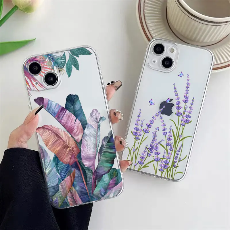 Чехол для телефона с цветочной росписью и пальмовым листом для iPhone 13 12 11 14 Pro Max X XS XR 7 8 Plus SE20, ультра прозрачный силиконовый мягкий чехол