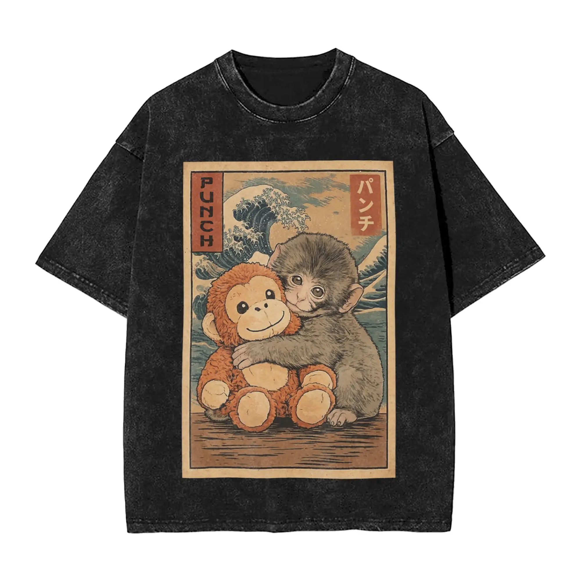Creative Macaque Ukiyo e Art Monkey Punch T-Shirt Men Crewneck 100% Cotton Washed T Shirt  Short Sleeve Tee Shirt Gift Tops