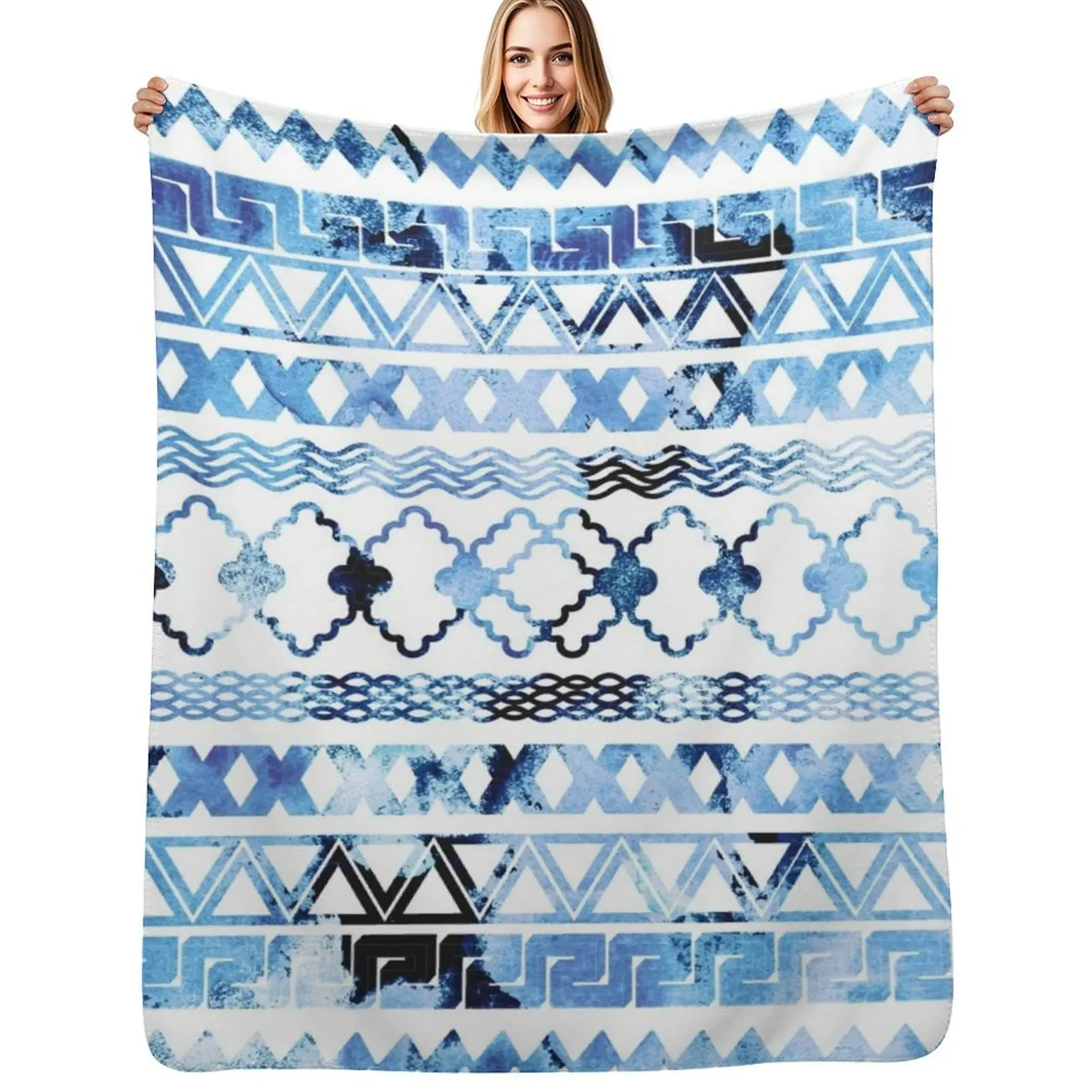 Watercolor creative black blush blue geometrical aztec Throw Blanket Anti Shedding Soft Fuzzy Blanket for Home