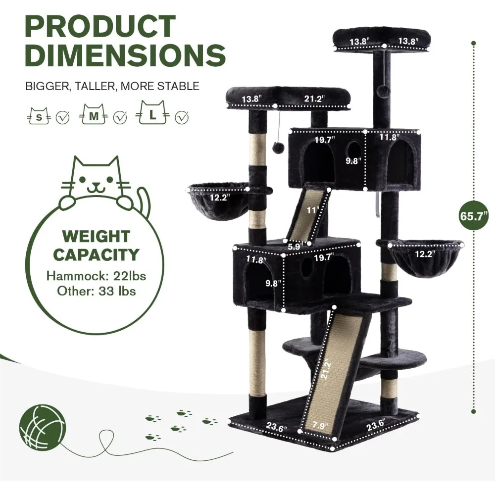 Grande Cat Tree Tower para Indoor Big Cats, Plush Poleiros, Cat Condo, Sisal Arranhar Posts, Rede e Cestas, 66"