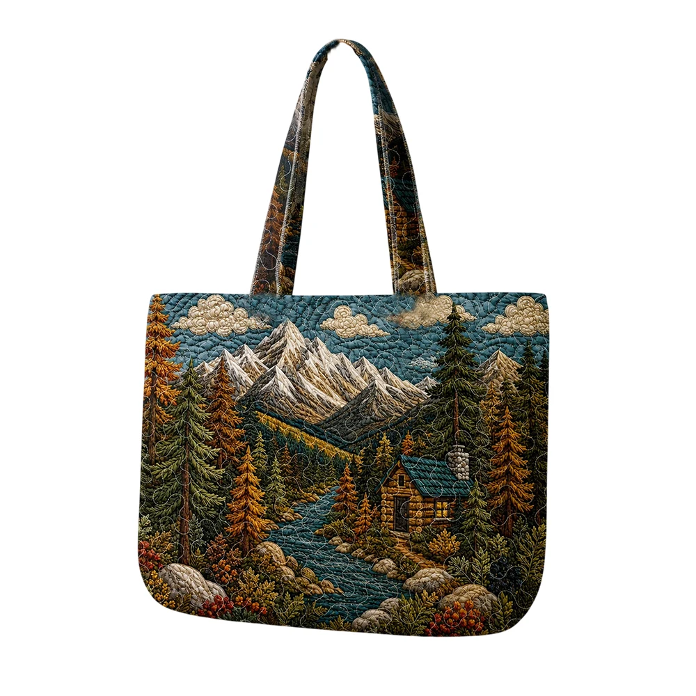 Vintage Mountain Cabin Landscape Quilted Tote Bag Large Capacity Shoulder Handbag for Camping Hiking Travel Daily Carryall