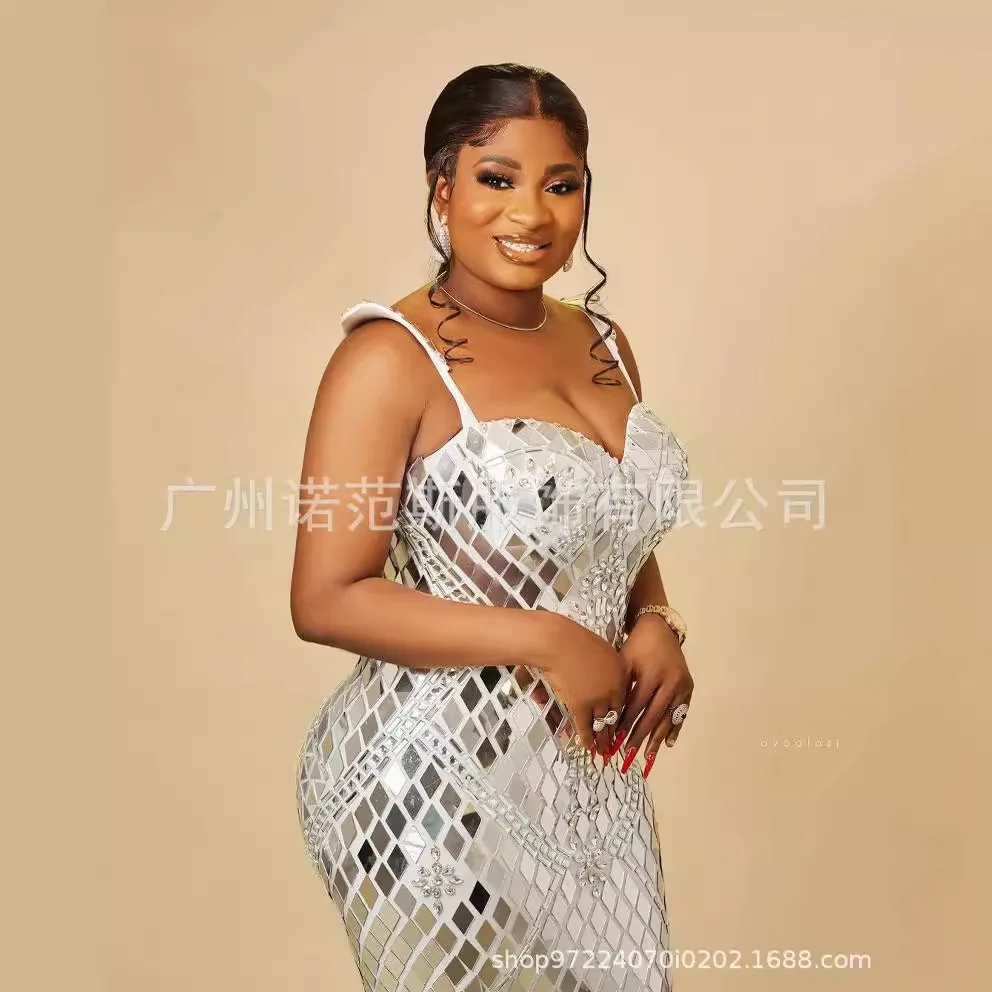 Designer verão espelho lantejoulas strass decalque sem mangas longo chão bola vestido de noite para mulheres chique e doce vestido de noite