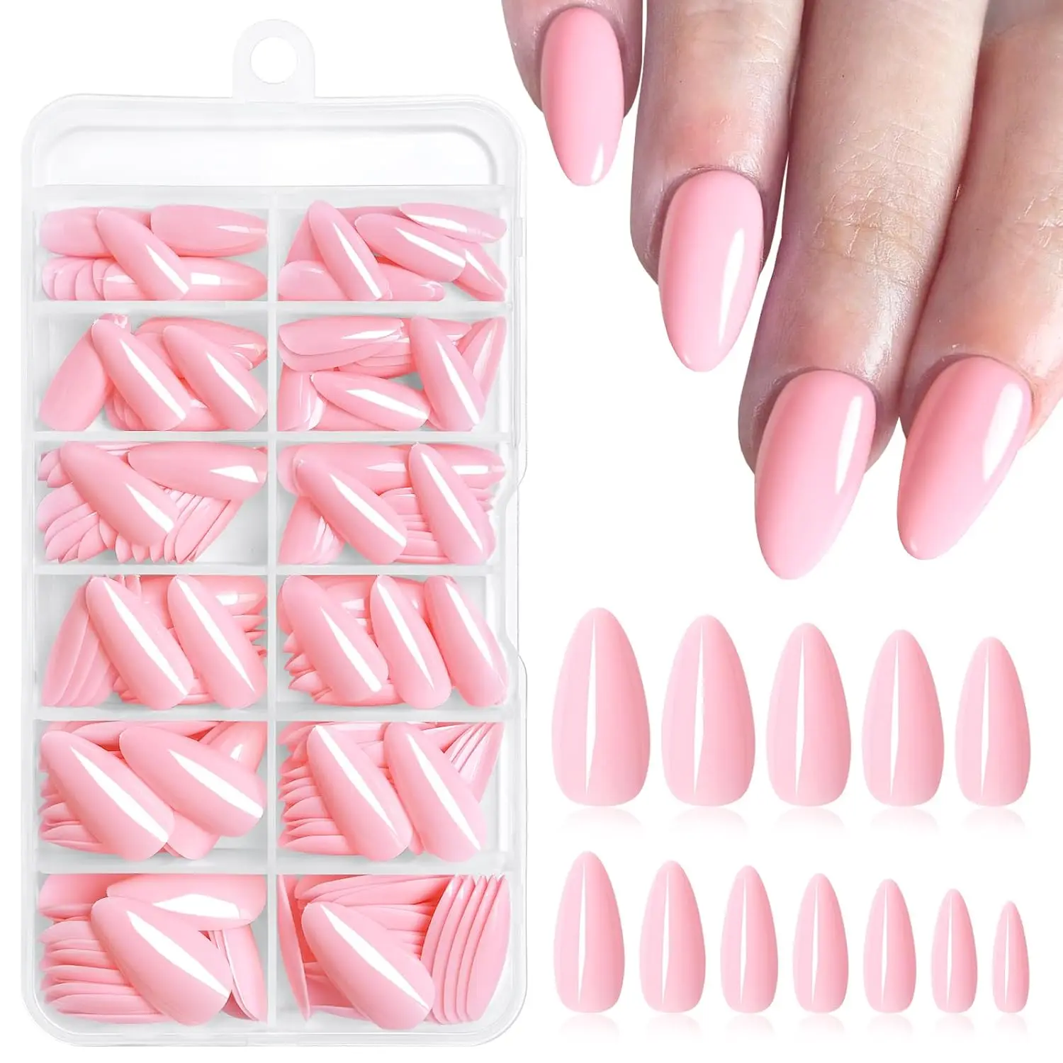 120 pièces/boîte, faux ongles en amande de couleur rose moyen, brillants, en forme d'amande, adaptés à un usage quotidien pour les femmes et les filles