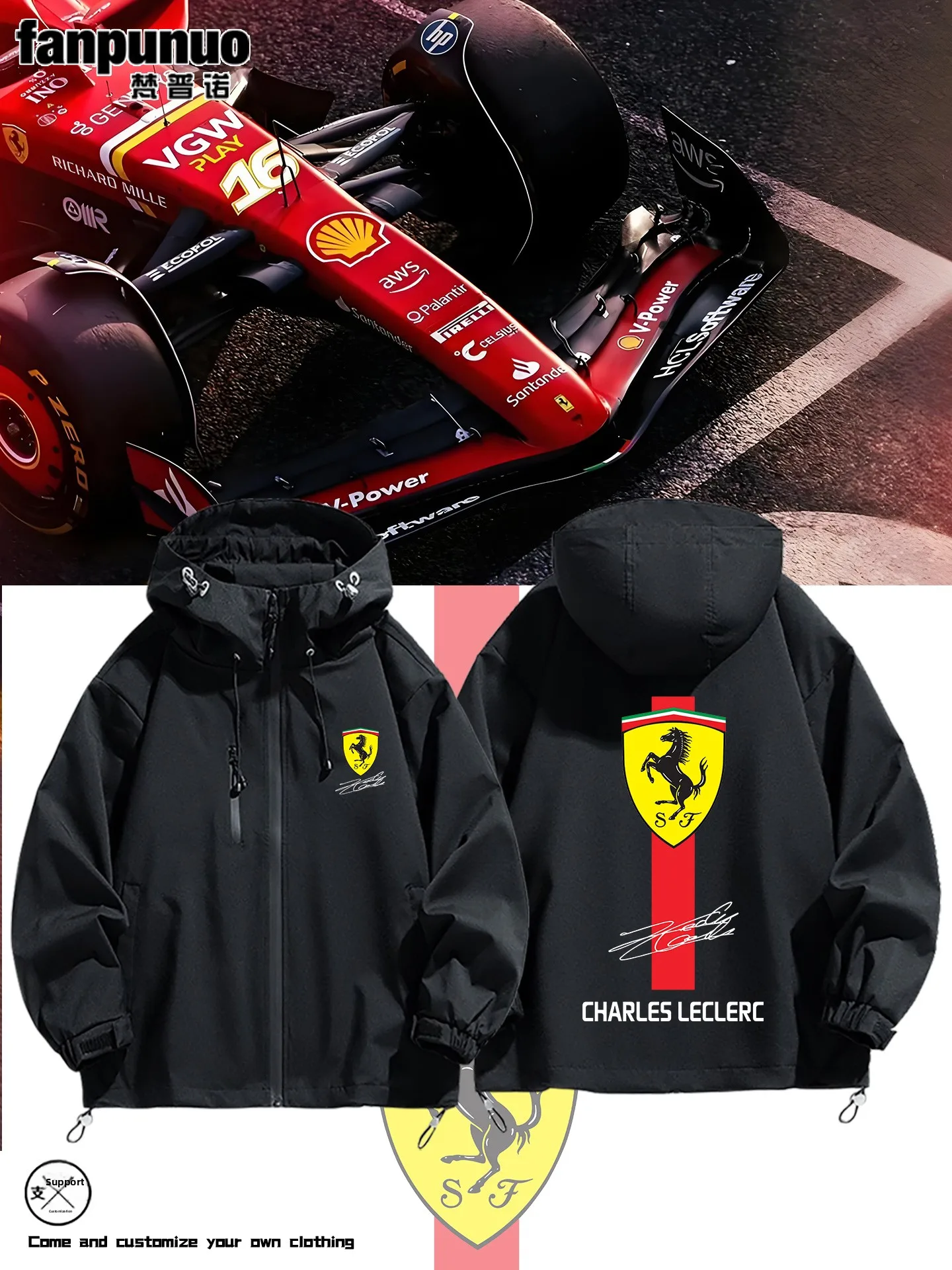 

F Racing T Casual Jaet Men's Autumn Winter down Jaet Hooded Zipper Closure Polyester Fiber ex Youth Faion