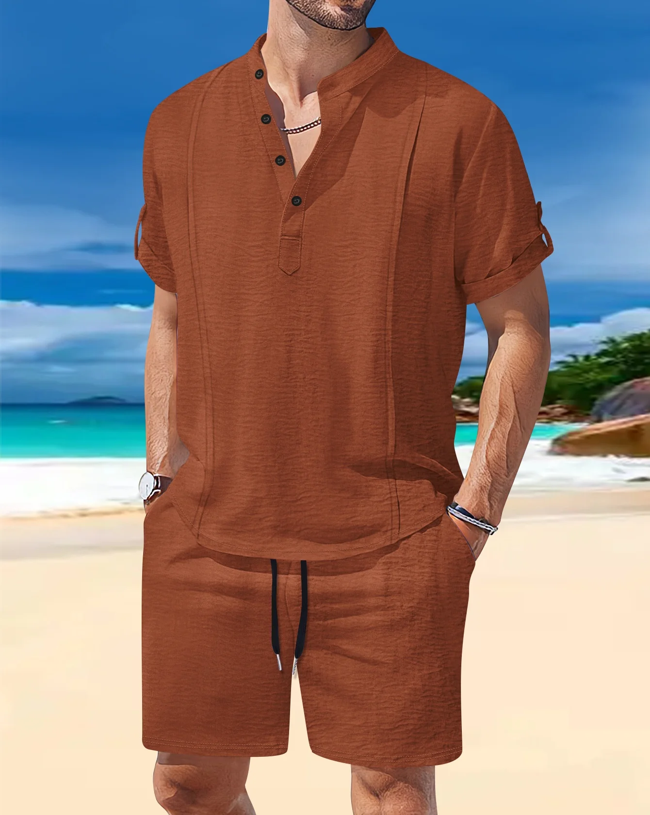 Men's Summer Casual Beach Set Fashionable Stand-Up Collar Button Top T-Shirt Shorts Short Sleeves Two-Piece Set