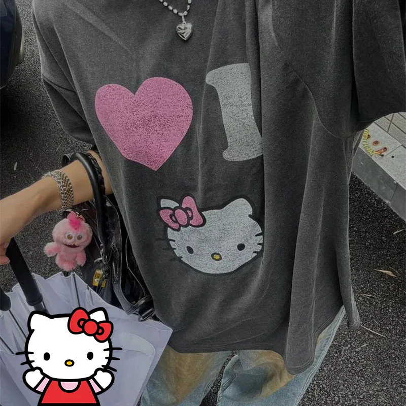 

Hot Hello Kittys Women T-Shirts Y2K Summer Anime Sanrios Cartoon Cotton Short Sleeve Loose Fashion Tees Men's and Women's Tops