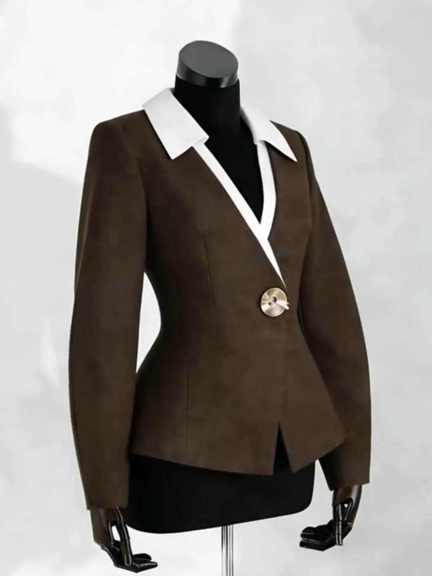 

Корейская женская куртка-жакет кофейного цвета с воротником-стойкой, приталенного кроя, весна 2026, модный дизайн, короткое пальто на пуговицах, длинный рукав