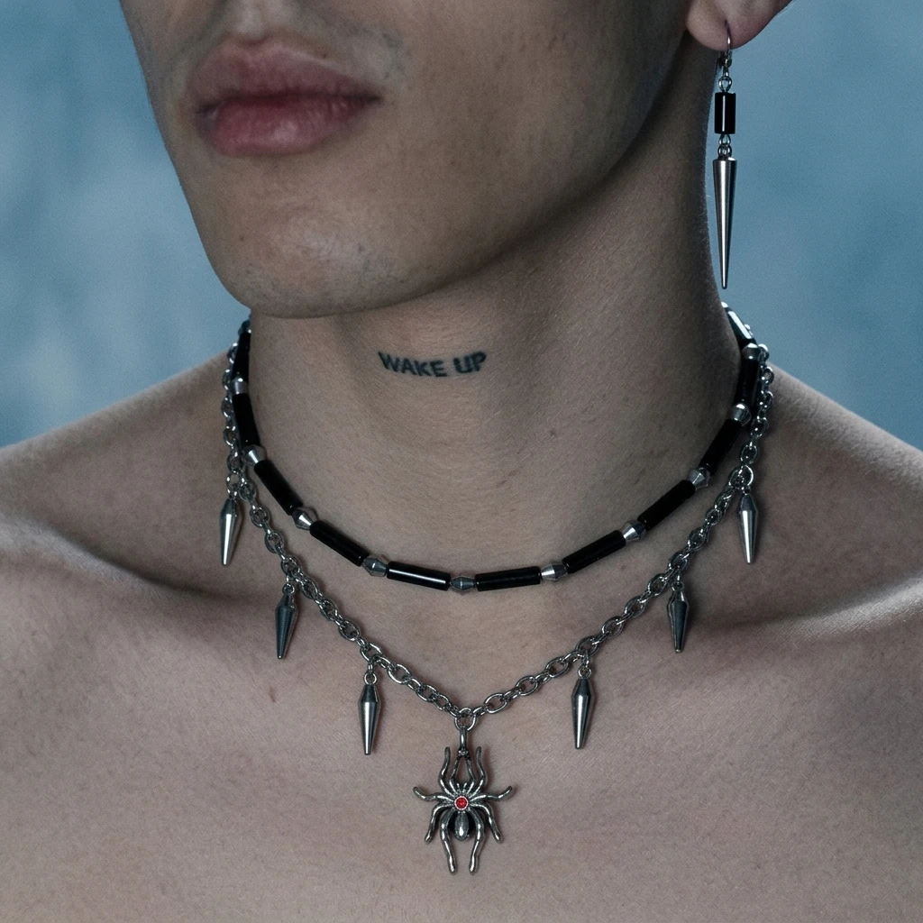 

Punk Gothic Rivet Spider Pendant Double Layer Necklace for Men Women Rock Agate Splicing Necklace Charm Stainless Steel Jewelry