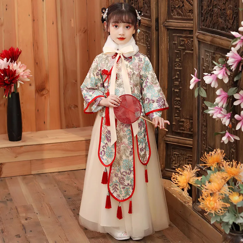 

Детский традиционный костюм Hanfu для весны и осени, традиционное китайское платье с вышивкой в виде древней сказочной принцессы