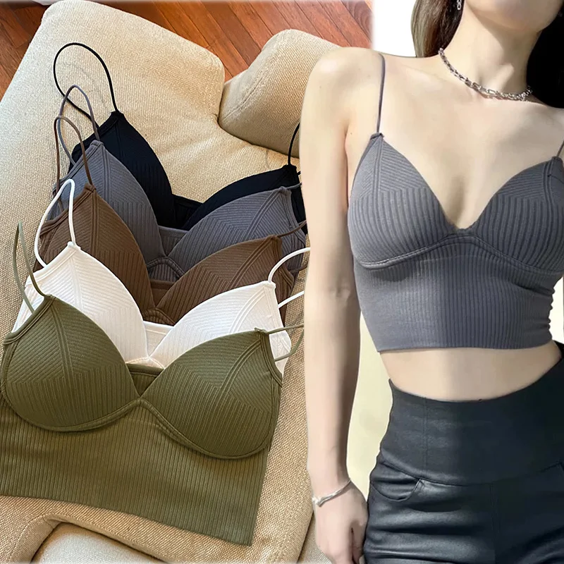 Women Knitted Chest Tops Spaghetti Strap Corset Crop Camis with Insert Bra Pads Korean Fashion Woman Vest Camisole Top