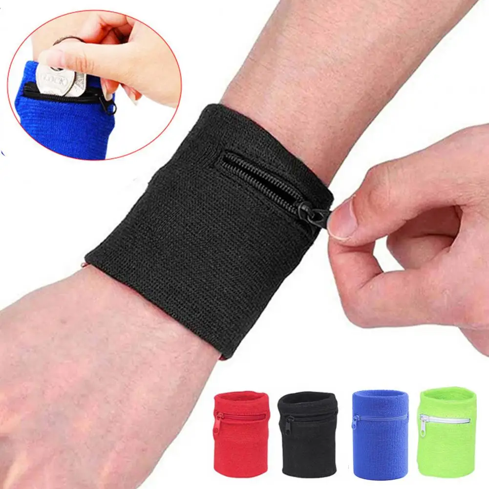 3Pcs Sports Wristband with Zipper Pocket Elastic Wrist Guard Strap Sweat Absorption Fitness Wrist Wallet for Running Cycling