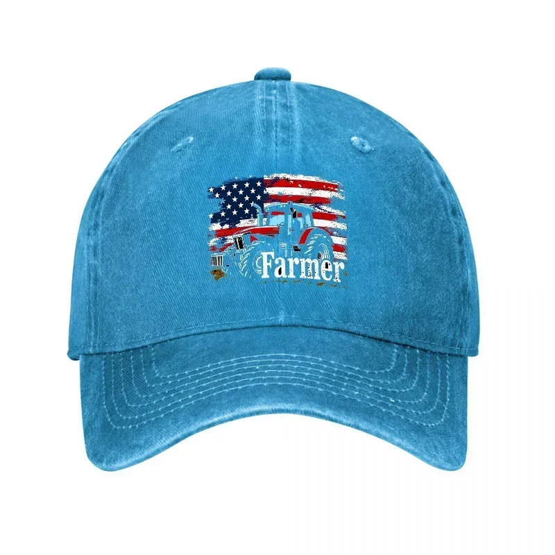 American Flag Tractor Farmer Logo Washed Canvas Baseball Cap Men Women Adjustable Hat Outdoor Farming Style Hat