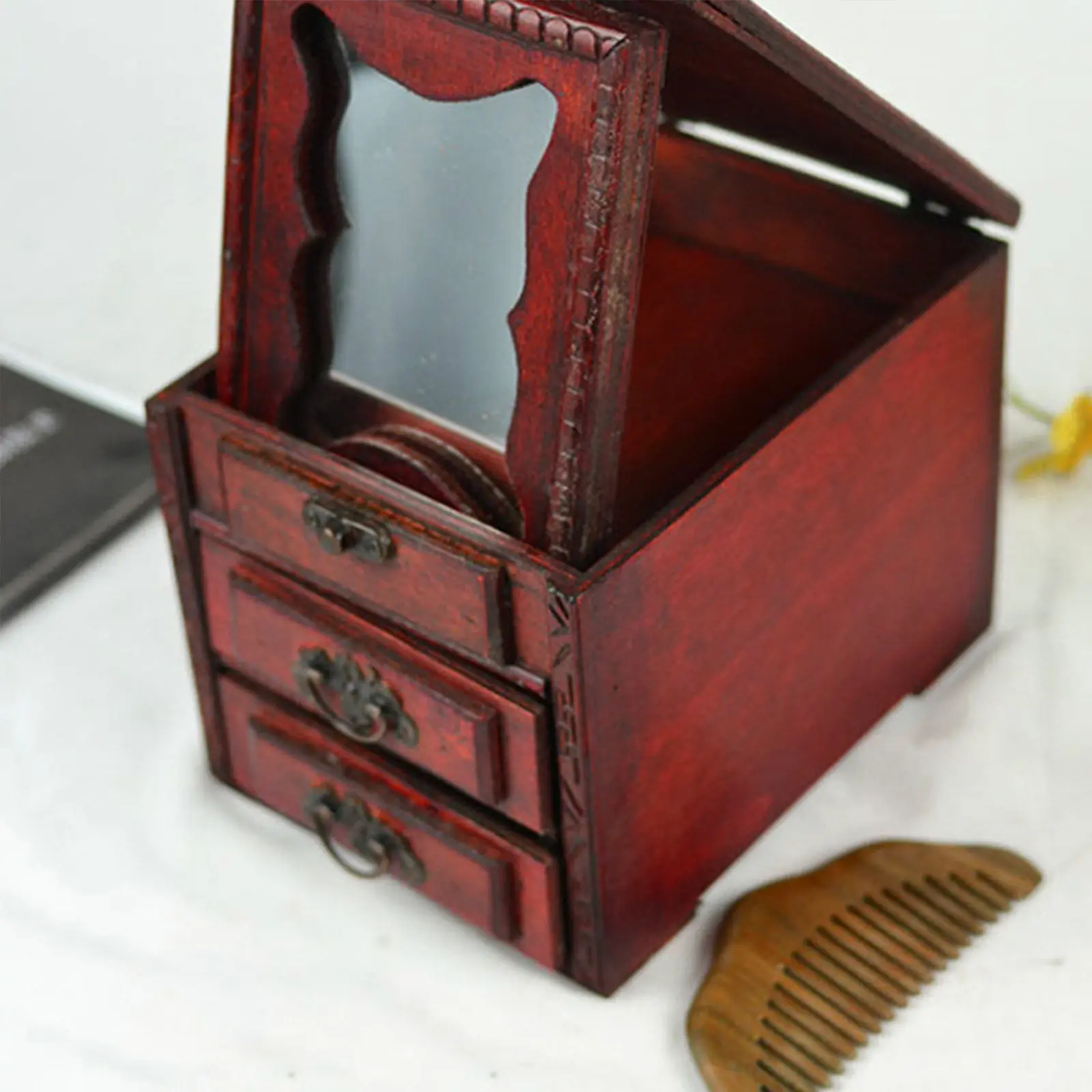 

Деревянная шкатулка для хранения украшений в китайском стиле с зеркалом для колец, ожерелий, серег, браслетов, органайзер для женских украшений