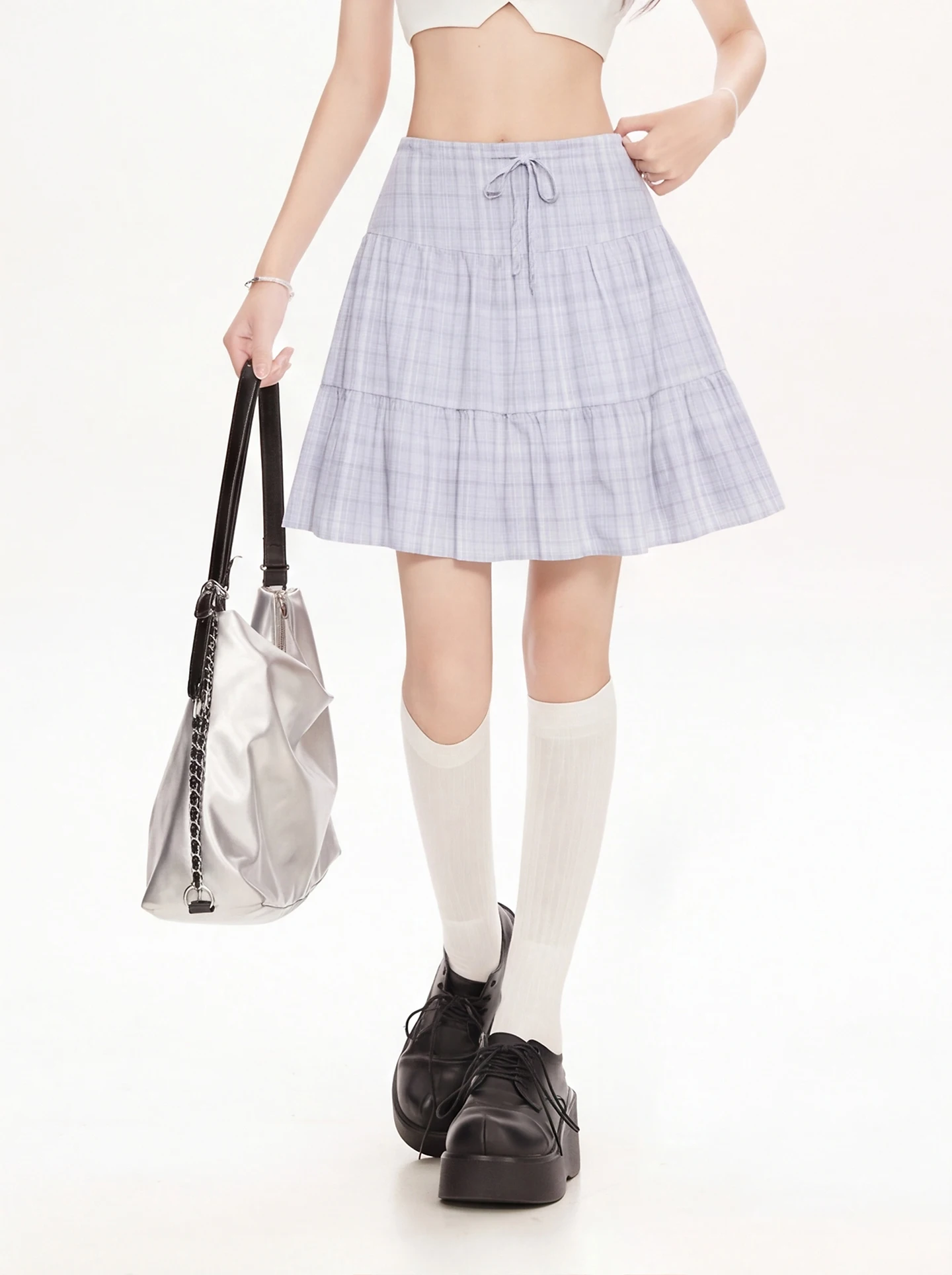 High Waist A-Line  Skirt Women's Drawstring Pleated Cake Skirt Slimming Short Skirt College Style Pattern Casual Wear