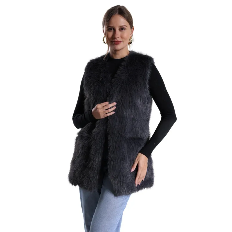 Faux Fur Women Vest Coats Thick Warm Vests Coat Casual V Neck Sleeveless Open Stitch Elegant Jackets Outerwear Autumn Winter