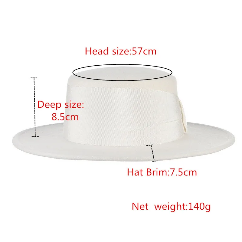 Womens Vintage 100% Wool Felt Bowler Boater Hat Flat Top Fedora Hat Elegant Female Church Derby Hat with Ribbon Band