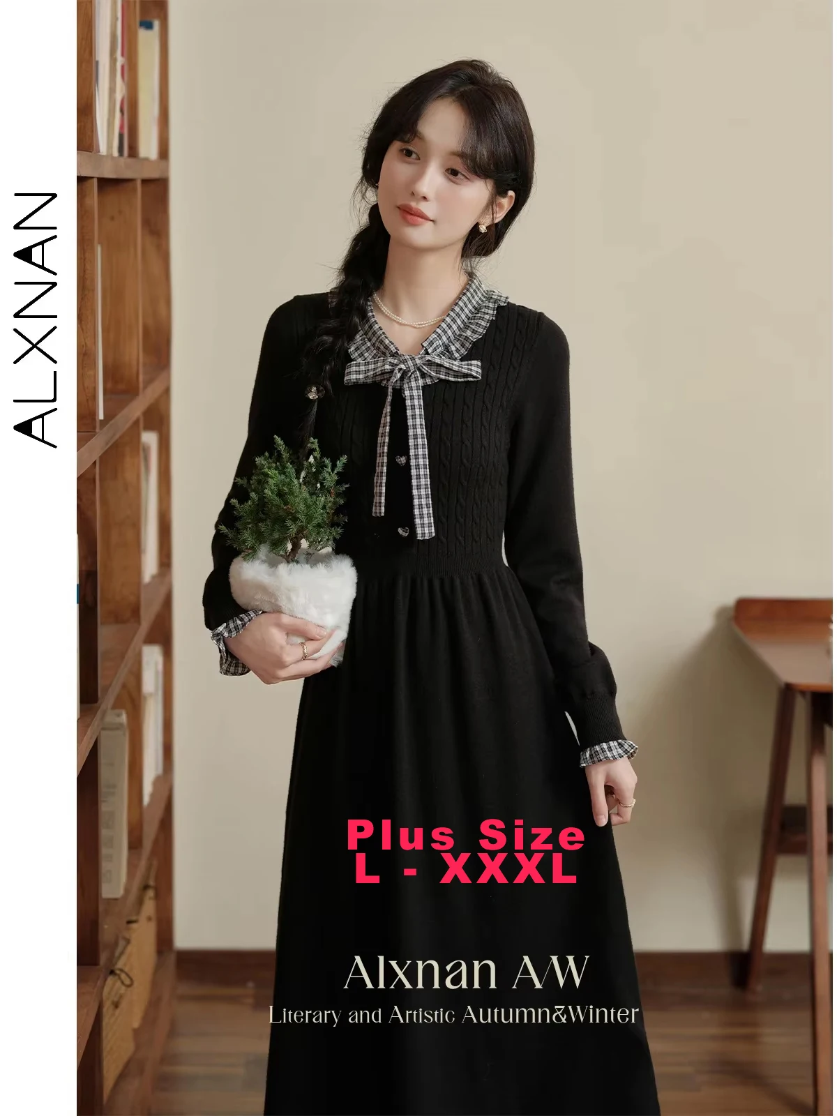 

ALXNAN Women's Plus Size Patchwork Plaid Dresses Lace-up V-neck A-line High Waist Heart Buttons Fall Winter Knitted Dress D07777