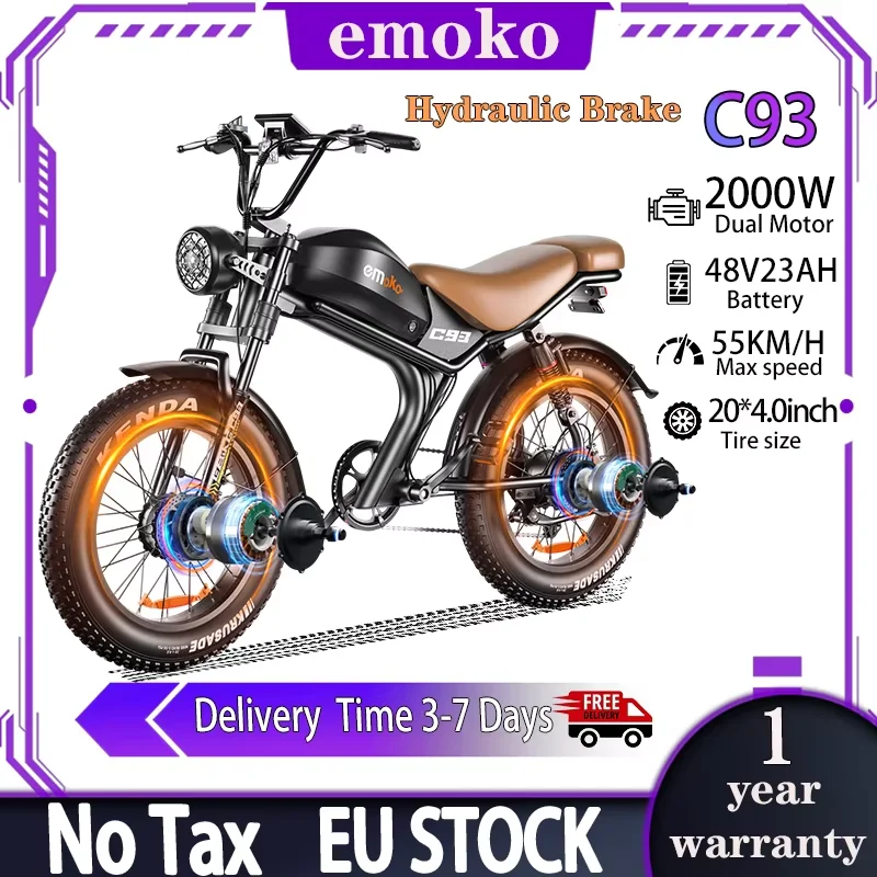 Emoko C93 E-bike 2000W Dubbele Motor 48V23AH Lithium Batterij Hydraulische Rem Elektrische Mountainbike 20*4 inch Off-Road Vetband Volwassen All-Terrain E-fiets