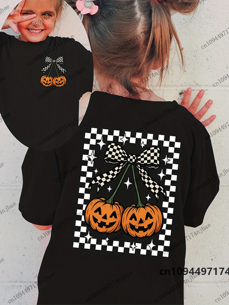 2026 Halloween Cherry Pumpkin Black White Checkered Bow Print T-shirt For Children Cotton Boys Girls Tees Casual Kids/Adult Tops