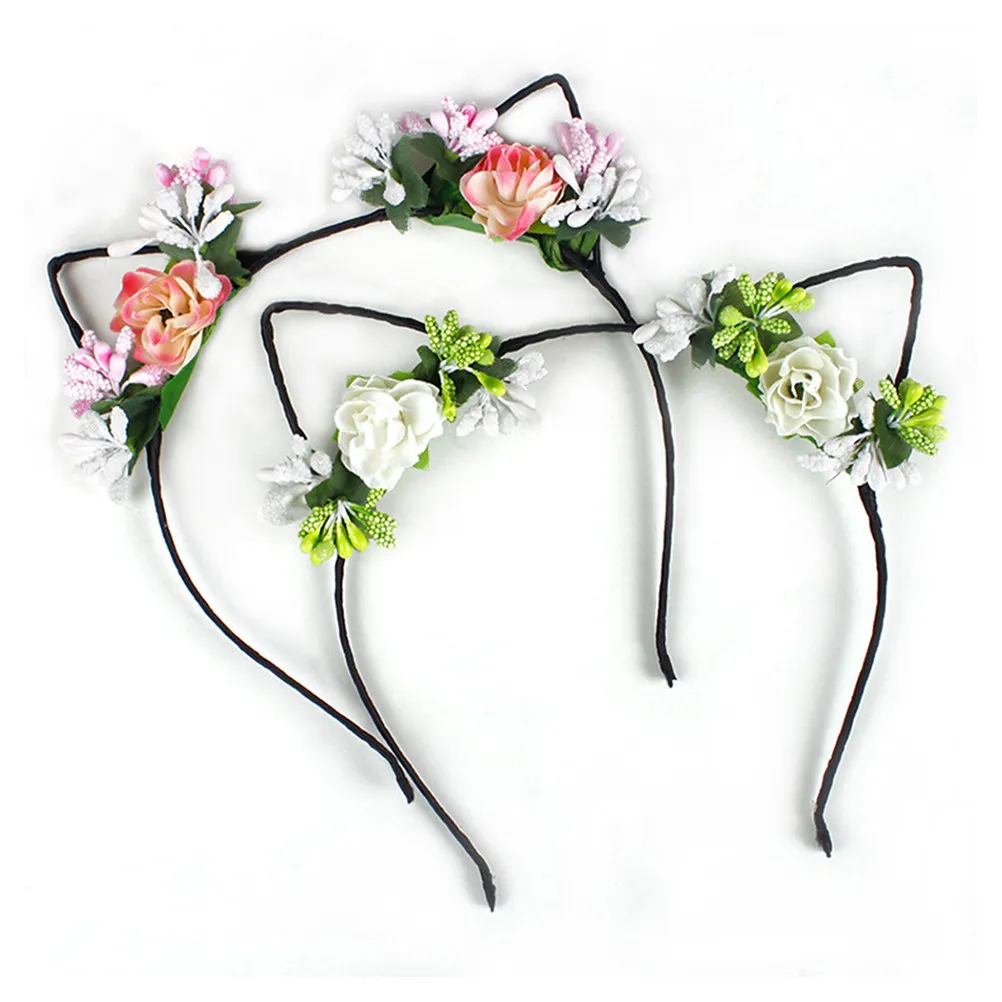 4pcs Cat Ear Headband Flower Berry Decor For Women Cute Hair Band Party Costume Festival Masquerade Prom Accessory
