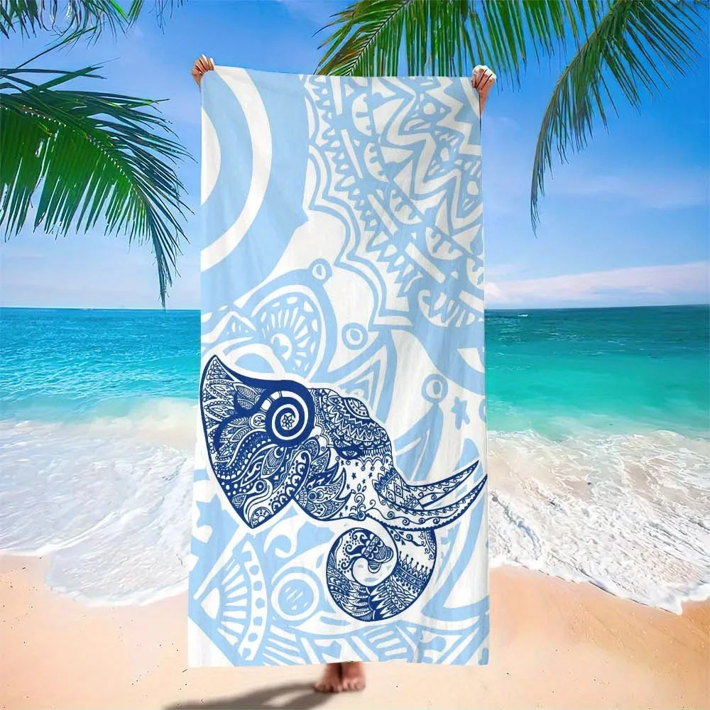 1pc Oversized Lightweight Quick-Dry Towel Large Soft Microfiber Beach Yoga Towel,Boho Elephant Print in Blue & White for Travel