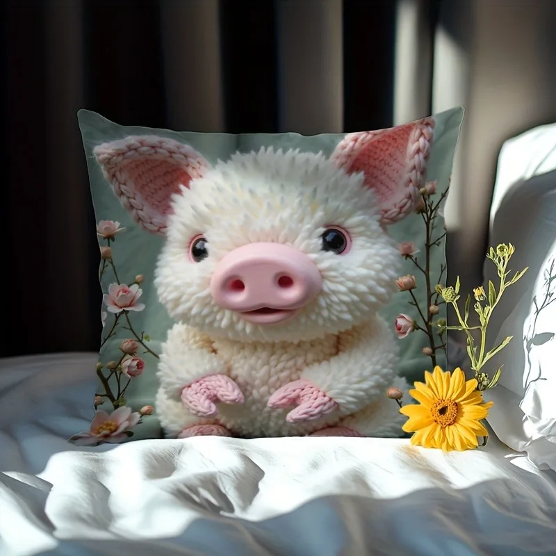 Adorable Fluffy Pig Pillow Cover with Pink Blossoms Sofa cushion cover, home room dormitory decoration, 2D printing