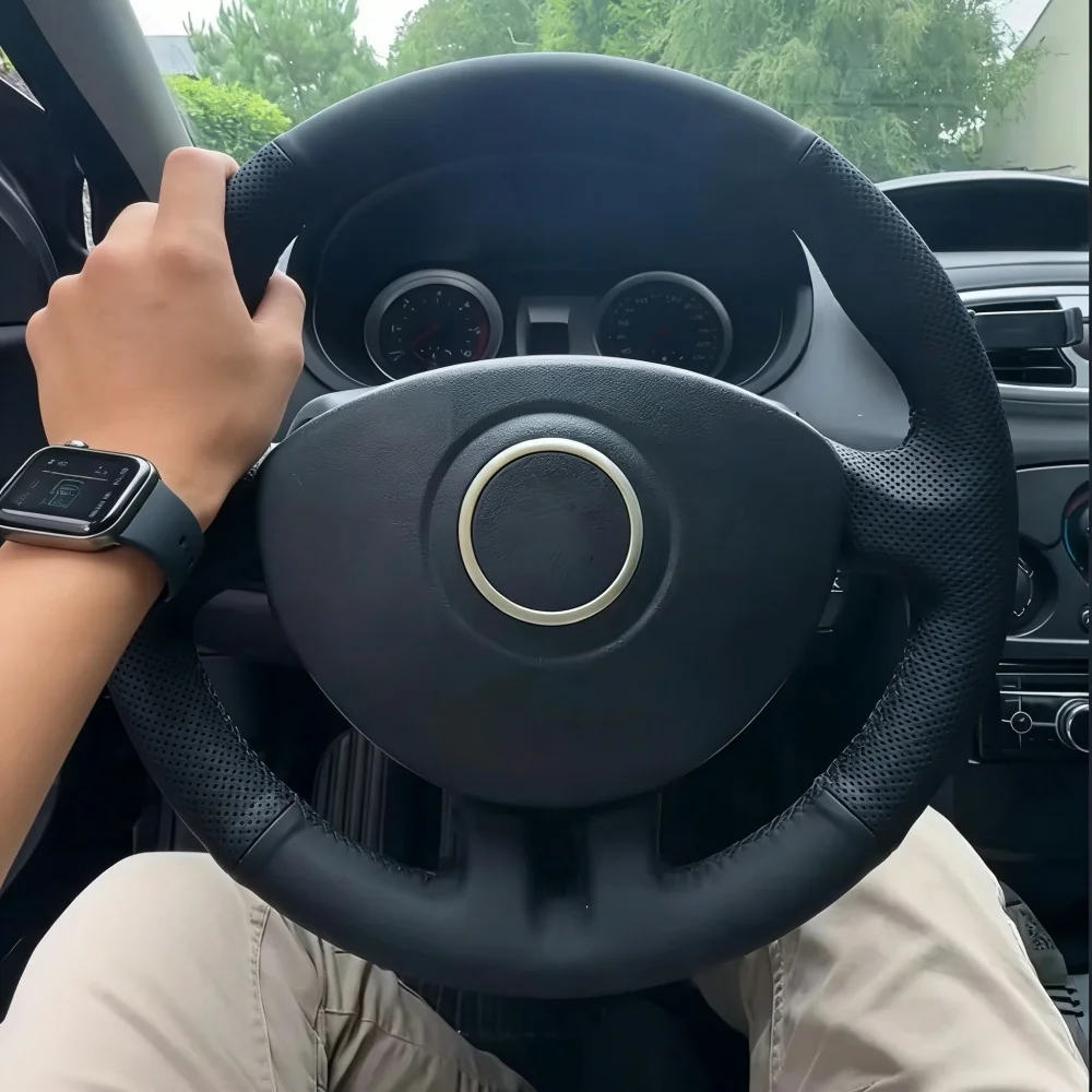 Autozubehör Handgenähter schwarzer rutschfester Mikrofaser-Leder-Lenkradbezug 2005-2013 Clio 3 RS für Renault Clio 3