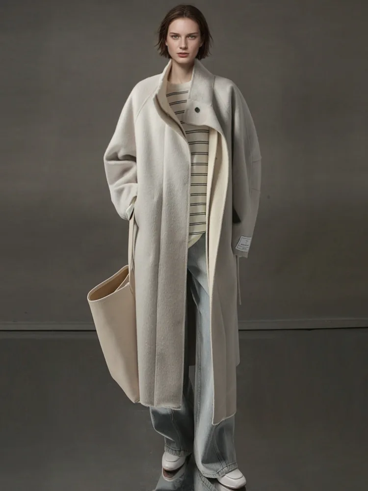 ZMEENNA femmes élégant gris laine mélange Long manteau élégant revers Design décontracté coupe ample hiver pardessus mode moderne ZM3471