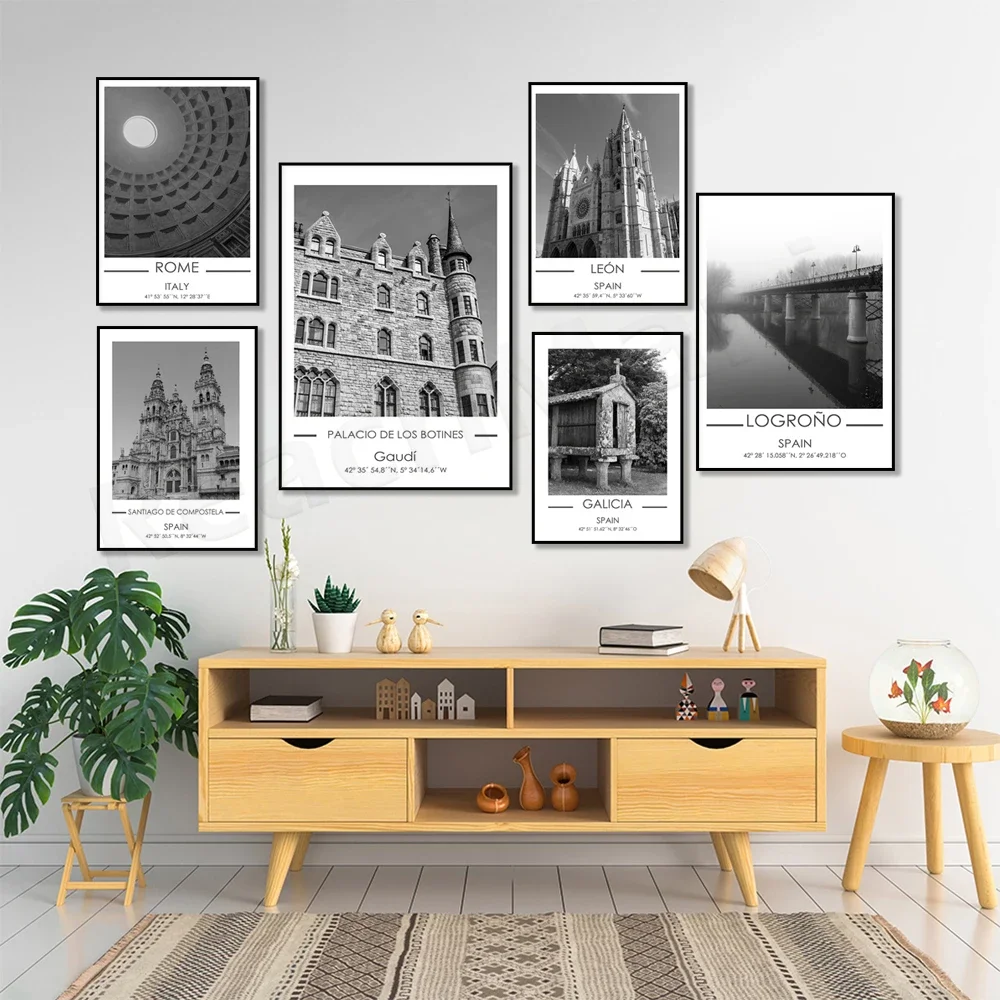 ملصق المدينة السياحية الإسبانية لغاليسيا، أوروبا Logroño، مبنى متحف Guggenheim، أستورياس، كاتدرائية ليون #3